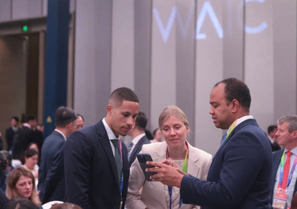 SHANGHAI, CHINA - JULY 17: Guests talk with each other after the opening ceremony of the 2026 World AI Conference and High-Level Meeting on Global AI Governance on July 17, 2026 in Shanghai, China. Themed AI Partnership for a Brighter Future, the event will include more than 140 forums, bringing together 1,400 guests from home and abroad.  Copyright: xChinaxNewsxServicex 111654823484