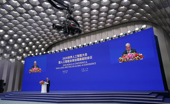 SHANGHAI, CHINA - JULY 17: United Nations Secretary-General Antonio Guterres addresses the opening ceremony of the 2026 World AI Conference and High-Level Meeting on Global AI Governance on July 17, 2026 in Shanghai, China. Themed AI Partnership for a Brighter Future, the event will include more than 140 forums, bringing together 1,400 guests from home and abroad.  Copyright: xVCGx 111654823737