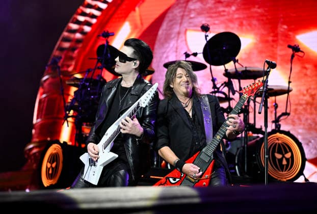 Guitarists Sascha Gerstner, left, and Kai Hansen of the German metal band Helloween perform during the International Music Festival Masters of Rock in Vizovice near Zlin, Czech Republic, July 16, 2026. (CTKxPhoto DaliborxGluck) CTKPhotoP2026071608362  CTKPhotoP2026071608362