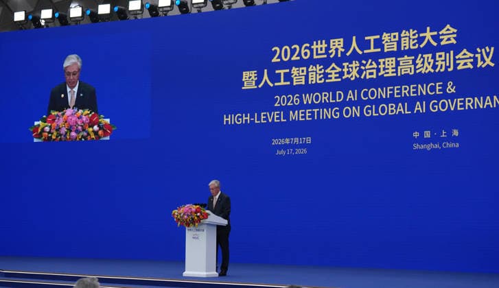 SHANGHAI, CHINA - JULY 17: Kazakh President Kassym-Jomart Tokayev addresses the opening ceremony of the 2026 World AI Conference and High-Level Meeting on Global AI Governance on July 17, 2026 in Shanghai, China. Themed AI Partnership for a Brighter Future, the event will include more than 140 forums, bringing together 1,400 guests from home and abroad.  Copyright: xVCGx 111654823211