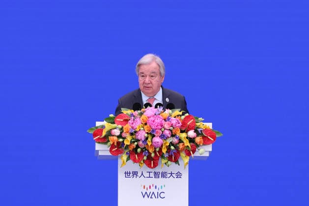 SHANGHAI, CHINA - JULY 17: United Nations Secretary-General Antonio Guterres addresses the opening ceremony of the 2026 World AI Conference and High-Level Meeting on Global AI Governance on July 17, 2026 in Shanghai, China. Themed AI Partnership for a Brighter Future, the event will include more than 140 forums, bringing together 1,400 guests from home and abroad.  Copyright: xChinaxNewsxServicex 111654831118