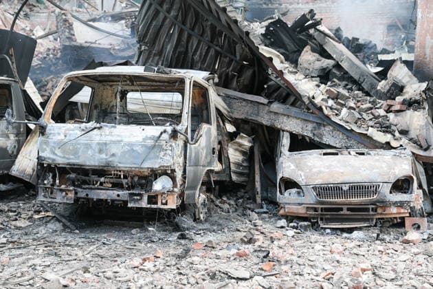 RUSSIA, GORLOVKA - JULY 17, 2026: A view of burnt-out cars at a warehouse building at Diad Confectionery Factory after a Ukrainian military strike. Dmitry Yagodkin TASS  95132388