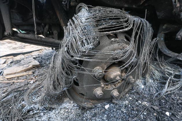 RUSSIA, GORLOVKA - JULY 17, 2026: A burnt-out vehicle at a warehouse building at Diad Confectionery Factory after a Ukrainian military strike. Dmitry Yagodkin TASS  95132570