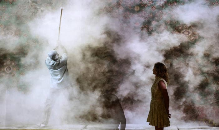 The Meeting Ground Scenes from the KNMA Collection 16th July 2026. The video art by L.N. TALLUR entitled Interference, 2019 which depicts to men beating the dust out of a fabric wall hanging and which is one of the highlights of their exhibition showcasing art for The Kiran Nadar Museum of Art (KNMA), New Delhi in an exhibition entitled The Meeting Ground: Scenes from the KNMA Collection This major institutional exhibition will take place at Christie’s in London, from 16th July to 21st August 2026, as part of Christie’s summer exhibition series bringing South Asian artistic histories to wider audiences and creating new contexts for engagement with the collection.  Copyright: xRichardxPohlex NINTCHDBPICT001095680521