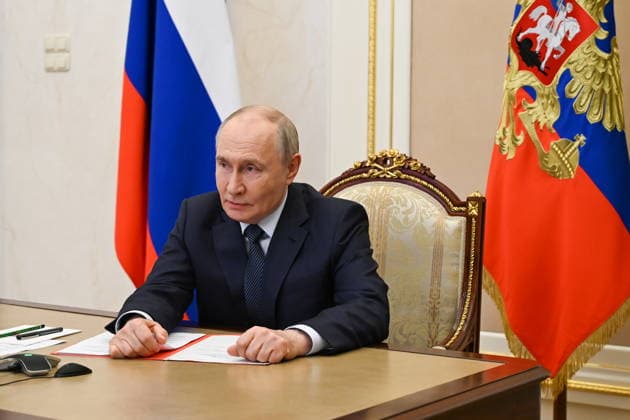 RUSSIA, MOSCOW - JULY 17, 2026: Russia s President Vladimir Putin in his office in the Kremlin during a videoconference meeting of standing members of Russia s Security Council. Pavel Byrkin Russian Presidential Press and Information Office TASS  95136733