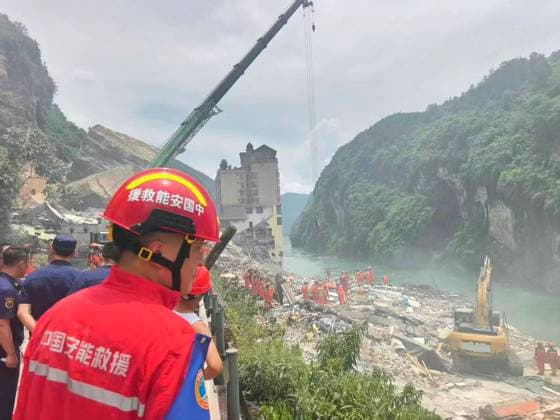 RECORD DATE NOT STATED 270760.jpg Rescue in the aftermath of a massive landslide caused multiple buildings to collapse near the Wujiang Three Bridges in Pengshui, Chongqing, China, on Friday July 17, 2026. State media says a landslide in the southwestern Chinese city of Chongqing has buried some residential buildings, trapping an undetermined number of people. A landslide Friday in the southwestern Chinese city of Chongqing buried some residential buildings, trapping an undetermined number of people, state media reported. State broadcaster CCTV said at least eight people were rescued from the debris, and that search and rescue operations were ongoing. CCTV said the landslide occurred at around 9:08 a.m. in Chongqing EDITORIAL USE ONLY  Copyright: xx 270760 x eyepress127278