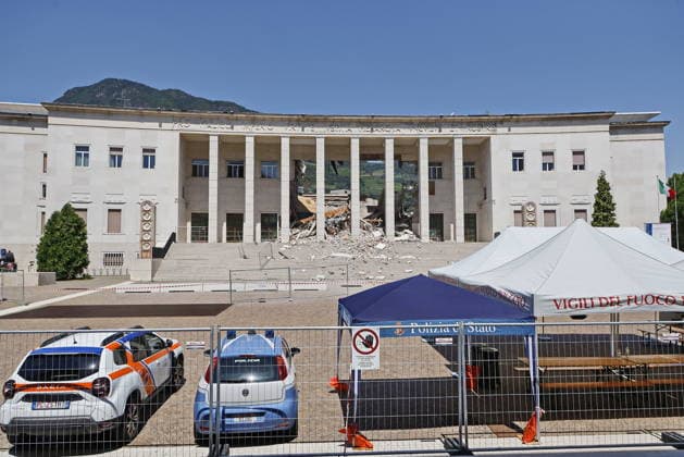 RECORD DATE NOT STATED IPA86759242 - Bolzano, July 17, 2026. The Collapse of the Bolzano Courthouse: The Day After. Pictured: Courthouse Square the Day After. Photo: Provincial Councilor Christian Bianchi. Loris Reggiani, Inspector of the Permanent Fire Department. Judges Ivan Perathoner and Stefan Tappeiner. Assistant District Attorney Igor Secco. President of the Bar Association Karl Pfeifer.  Copyright: xLorenzoxZambello.x xx 86759242