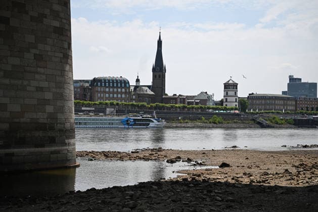 Dürre zeigt Folgen Rhein führt kaum noch Wasser, Sandbänk, Der Rhein führt aufgrund anhaltender Trockenheit und ausbleibender Niederschläge außergewöhnlich wenig Wasser. Große Teile des Flussbetts sind bei Düsseldorf freigelegt, Sand- und Kiesflächen treten deutlich hervor. Das Niedrigwasser beeinträchtigt die Schifffahrt und verdeutlicht die Auswirkungen der langanhaltenden Trockenperiode. Düsseldorf Nordrhein-Westfalen Deutschland Düsseldorf *** Drought Takes Its Toll: The Rhine Is Running Almost Dry, Sandbanks, Due to the ongoing drought and lack of rainfall, the Rhine is carrying an exceptionally low volume of water. Large sections of the riverbed near Düsseldorf are exposed, with areas of sand and gravel clearly visibl Copyright: x xonw-imagesx xPhilippxAndrÃ x