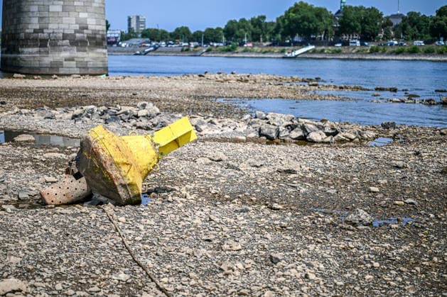 Dürre zeigt Folgen Rhein führt kaum noch Wasser, Sandbänk, Eine Boje, die normalerweise im Wasser schwimmt, liegt auf dem trockengefallenen Grund und macht das Ausmaß des Niedrigwassers besonders eindrucksvoll sichtbar. Der Rhein führt aufgrund anhaltender Trockenheit und ausbleibender Niederschläge außergewöhnlich wenig Wasser. Große Teile des Flussbetts sind bei Düsseldorf freigelegt, Sand- und Kiesflächen treten deutlich hervor. Das Niedrigwasser beeinträchtigt die Schifffahrt und verdeutlicht die Auswirkungen der langanhaltenden Trockenperiode. Düsseldorf Nordrhein-Westfalen Deutschland Düsseldorf *** Drought Takes Its Toll: The Rhine Is Barely Carrying Any Water; Sandbank, A buoy that normally floats in the water now Copyright: x xonw-imagesx xPhilippxAndrÃ x