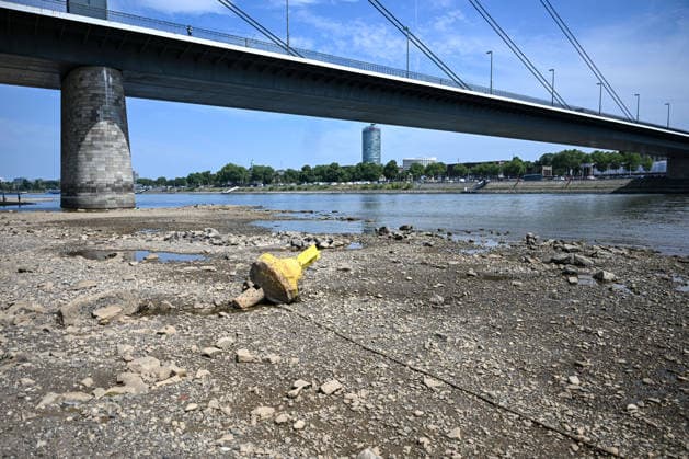 Dürre zeigt Folgen Rhein führt kaum noch Wasser, Sandbänk, Eine Boje, die normalerweise im Wasser schwimmt, liegt auf dem trockengefallenen Grund und macht das Ausmaß des Niedrigwassers besonders eindrucksvoll sichtbar. Der Rhein führt aufgrund anhaltender Trockenheit und ausbleibender Niederschläge außergewöhnlich wenig Wasser. Große Teile des Flussbetts sind bei Düsseldorf freigelegt, Sand- und Kiesflächen treten deutlich hervor. Das Niedrigwasser beeinträchtigt die Schifffahrt und verdeutlicht die Auswirkungen der langanhaltenden Trockenperiode. Düsseldorf Nordrhein-Westfalen Deutschland Düsseldorf *** Drought Takes Its Toll: The Rhine Is Barely Carrying Any Water; Sandbank, A buoy that normally floats in the water now Copyright: x xonw-imagesx xPhilippxAndrÃ x
