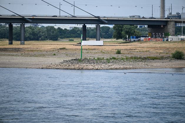 Dürre zeigt Folgen Rhein führt kaum noch Wasser, Sandbänk, Der Rhein führt aufgrund anhaltender Trockenheit und ausbleibender Niederschläge außergewöhnlich wenig Wasser. Große Teile des Flussbetts sind bei Düsseldorf freigelegt, Sand- und Kiesflächen treten deutlich hervor. Das Niedrigwasser beeinträchtigt die Schifffahrt und verdeutlicht die Auswirkungen der langanhaltenden Trockenperiode. Düsseldorf Nordrhein-Westfalen Deutschland Düsseldorf *** Drought Takes Its Toll: The Rhine Is Running Almost Dry, Sandbanks, Due to the ongoing drought and lack of rainfall, the Rhine is carrying an exceptionally low volume of water. Large sections of the riverbed near Düsseldorf are exposed, with areas of sand and gravel clearly visibl Copyright: x xonw-imagesx xPhilippxAndrÃ x