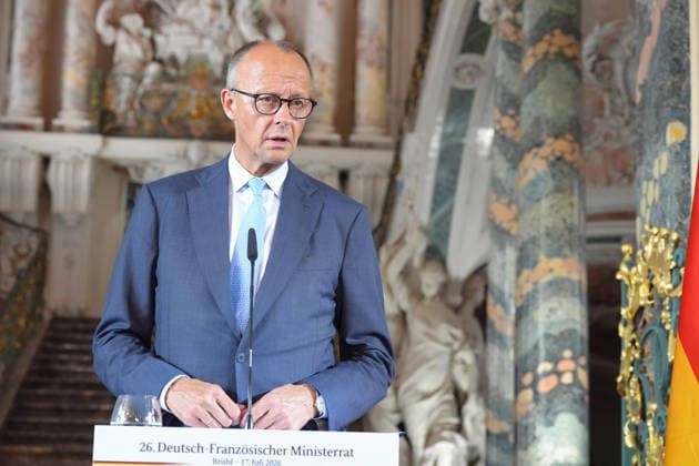 Pressekonferent nach dem 26. Deutsch-Franzoesischer Ministerrat Bundeskanzler Friedrich Merz im Portrait bei der Pressekonferenz nach dem 26. Deutsch-Franzoesischen Ministerrat, Bruehl, 17.07.2026 Bruehl NRW Deutschland *** Press Conference Following the 26th German-French Ministerial Council: A Portrait of Chancellor Friedrich Merz at the Press Conference Following the 26th German-French Ministerial Council, Brühl, July 17, 2026, Brühl, North Rhine-Westphalia, Germany