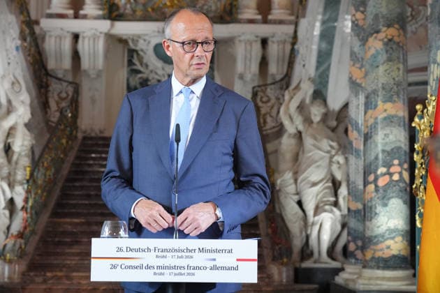 Pressekonferent nach dem 26. Deutsch-Franzoesischer Ministerrat Bundeskanzler Friedrich Merz im Portrait bei der Pressekonferenz nach dem 26. Deutsch-Franzoesischen Ministerrat, Bruehl, 17.07.2026 Bruehl NRW Deutschland *** Press Conference Following the 26th German-French Ministerial Council: A Portrait of Chancellor Friedrich Merz at the Press Conference Following the 26th German-French Ministerial Council, Brühl, July 17, 2026, Brühl, North Rhine-Westphalia, Germany