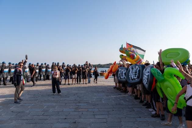 July 17, 2026, Venice, Italy: VENICE, ITALY Ã¢â‚¬ JULY 17, 2026: Hundreds of demonstrators march through Venice to protest against U.S. Ambassador to Italy Tilman J. Fertitta, who arrived earlier in the day aboard a 117-metre yacht as part of a coastal diplomacy tour. Protesters attempted to approach the yacht but were pushed back by police ahead of the annual Festa del Redentore, one of VeniceÃ¢â‚¬â ¢s largest traditional celebrations. Leonardo Garvaglia JNA PRESS Venice Italy  - ZUMAq101 20260717_zna_q101_118 Copyright: xLeonardoxGaravagliax