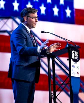 July 17, 2026 - Des Moines, Iowa, USA - U.S. House of Representatives Speaker MIKE JOHNSON addresses the 2026 FAMiLY Leadership Summit. Des Moines USA  - ZUMAce6_ 20260717_zaf_ce6_003 Copyright: xBrianxCahnx