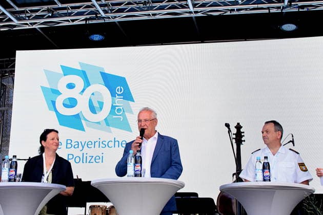 Marion Seidel Kirchenraetin Joachim Herrmann, Bayerischen Staatsminister Des Innern, fuer Sport und Intigraton Michael Schwald Landespolizeipraeident Muenchen 18.07.2026 Wittelsbacherplatz 80 Jahre Bayerische Polizei: Jubilaeum Foto Muenchen *** Marion Seidel, Member of the State Parliament; Joachim Herrmann, Bavarian Minister of the Interior, Sports, and Integration; Michael Schwald, Chief of the Munich State Police; July 18, 2026; Wittelsbacherplatz; 80th Anniversary of the Bavarian Police; Photo: Munich