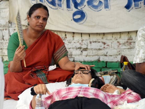CJP protest underway at Jantar Mantar following the hospitalisation of environmentalist Sonam Wangchuk New Delhi, Jul 18 (ANI): A protester who began hunger strike alongside environmentalist Sonam Wangchuk seeking the resignation of Education Minister Dharmendra Pradhan over the alleged irregularities in the NEET examination, during CJP protest at Jantar Mantar, in New Delhi on Saturday. New Delhi Delhi India Copyright: xANIx ANI_20260718425