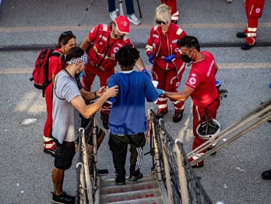 Rescue and disembarkation of 85 people by the rescue ship Open Arms SIRACUSA CENTRAL MEDITERRANEAN SEA SAVONA, ITALY JUNE 29 JULY 5, 2026: Open Arms Mission 129 departed from the Sicilian port of Siracusa on June 29, 2026, escorted by other humanitarian rescue vessels. On July 2, the Spanish humanitarian search and rescue organization rescued 85 migrants from a wooden boat in the central Mediterranean. The survivors remained aboard the rescue ship, where they received medical assistance and watched Spain™s FIFA World Cup match against Austria while awaiting a designated port of safety. On July 5, 2026, they disembarked at the port of Savona, near Genoa, where they were received by the Italian authorities. Savona Italy Copyright: x xAntonioxSemperex xJNAxPressx