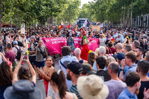July 18, 2026, Barcelona, Spain: BARCELONA, SPAIN - JULY 18, 2026: Demonstrators march with flags and banners during the annual Pride parade to advocate for LGBTQ+ rights, sexual orientation equality, and transgender visibility. The mass mobilization brought together thousands of participants and civil rights organizations calling for stronger anti-discrimination laws and full legal protections for the gay, lesbian, and trans community across Europe. JNA Press Barcelona Spain - ZUMAq101 20260718_zna_q101_127 Copyright: xMarcxAsensioxClupesx