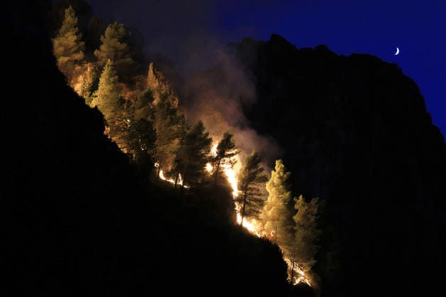 Forest fires continue on the Italian island of Sicily PALERMO, ITALY - JULY 18: The flames are advancing through the forest while the forest fire continues during the night, on the slopes of Mount Iato near Palermo on the island of Sicily, Italy, on July 18, 2026, as ground and air crews continue their efforts to contain the blaze. Forest fires breaking out at various points on the island are continuing. Alberto Lo Bianco Anadolu Palermo Italy. Editorial use only. Please get in touch for any other usage.  Copyright: x2026xAnadoluxAlbertoxLoxBiancox