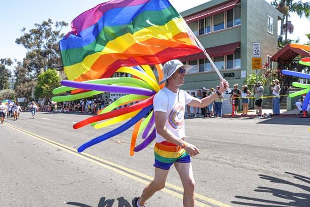 July 18, 2026, San Diego, California, Unted States: A man marches on the streets with a rainbow flag during the parade..The 2026 San Diego Pride Parade fills the streets of Hillcrest area with color, energy, and a powerful sense of community as thousands of people gather to celebrate LGBTQ+ pride and equality on July 18th, 2026, in San Diego, California. Participants wave rainbow flags, dance alongside decorated floats, and cheer for local organizations, businesses, and advocacy groups that march through the streets. Allies line the parade route, creating an atmosphere of joy while also recognizing Pride s roots in the fight for equal rights. San Diego Unted States  - ZUMAs197 20260718_aaa_s197_110 Copyright: xWaixLeexMichaelxHox