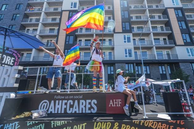July 18, 2026, San Diego, California, Unted States: Participants wave the rainbow flags on a decorated float during the parade..The 2026 San Diego Pride Parade fills the streets of Hillcrest area with color, energy, and a powerful sense of community as thousands of people gather to celebrate LGBTQ+ pride and equality on July 18th, 2026, in San Diego, California. Participants wave rainbow flags, dance alongside decorated floats, and cheer for local organizations, businesses, and advocacy groups that march through the streets. Allies line the parade route, creating an atmosphere of joy while also recognizing Pride s roots in the fight for equal rights. San Diego Unted States  - ZUMAs197 20260718_aaa_s197_129 Copyright: xWaixLeexMichaelxHox