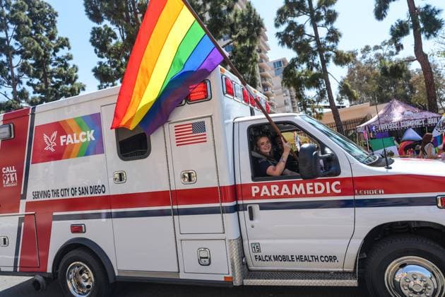 July 18, 2026, San Diego, California, Unted States: An ambulance is driven on the streets as a medical professional waves a rainbow flag in the vehicle during the parade..The 2026 San Diego Pride Parade fills the streets of Hillcrest area with color, energy, and a powerful sense of community as thousands of people gather to celebrate LGBTQ+ pride and equality on July 18th, 2026, in San Diego, California. Participants wave rainbow flags, dance alongside decorated floats, and cheer for local organizations, businesses, and advocacy groups that march through the streets. Allies line the parade route, creating an atmosphere of joy while also recognizing Pride s roots in the fight for equal rights. San Diego Unted States  - ZUMAs197 20260718_aaa_s197_130 Copyright: xWaixLeexMichaelxHox