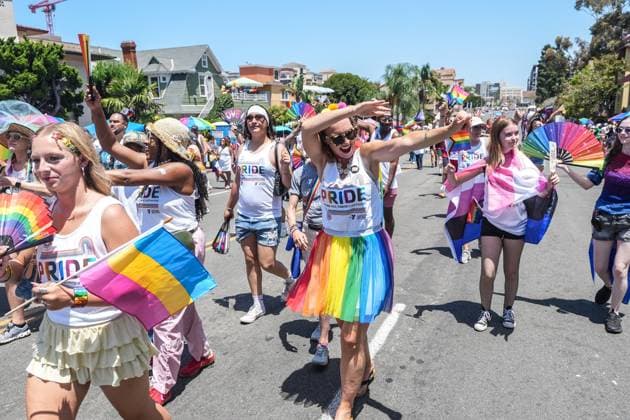 July 18, 2026, San Diego, California, Unted States: People march on the streets with rainbow flags during the parade..The 2026 San Diego Pride Parade fills the streets of Hillcrest area with color, energy, and a powerful sense of community as thousands of people gather to celebrate LGBTQ+ pride and equality on July 18th, 2026, in San Diego, California. Participants wave rainbow flags, dance alongside decorated floats, and cheer for local organizations, businesses, and advocacy groups that march through the streets. Allies line the parade route, creating an atmosphere of joy while also recognizing Pride s roots in the fight for equal rights. San Diego Unted States  - ZUMAs197 20260718_aaa_s197_134 Copyright: xWaixLeexMichaelxHox
