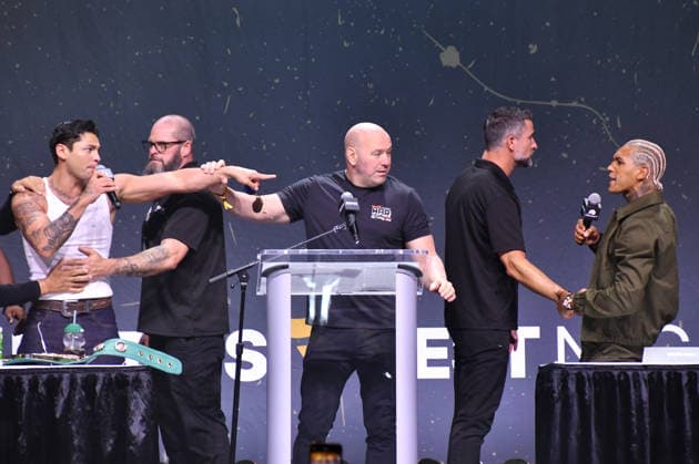 NEW YORK, NY - JULY 18: Ryan Garcia, Dana White and Conor Benn pictured during Zuffa Boxing Press Conference on day 3 of Fanatics Fest NYC on July 18, 2026 at Javits Center in New York City. Copyright: xmpi099 MediaPunchx