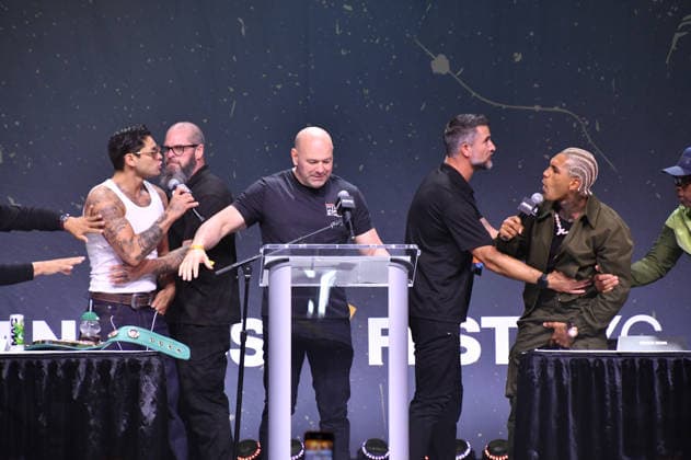 NEW YORK, NY - JULY 18: Ryan Garcia, Dana White and Conor Benn pictured during Zuffa Boxing Press Conference on day 3 of Fanatics Fest NYC on July 18, 2026 at Javits Center in New York City. Copyright: xmpi099 MediaPunchx
