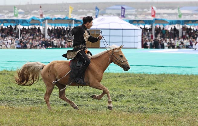 XILINGOL, CHINA - JULY 18: An artist performs with a horse at the opening ceremony of the 36th Naadam festival on July 18, 2026 in Xilingol League, Inner Mongolia Autonomous Region of China. The Naadam festival kicked off here on July 18. Naadam, usually held in mid-summer and sometimes in winter in pastoral areas of Inner Mongolia, means games in the Mongolian language. It often comprises wrestling, archery, and horse racing, also known as the Three Games of Men.  Copyright: xVCGx 111655158213