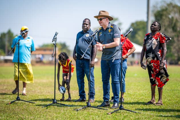 ANTHONY ALBANESE TIWI ISLANDS VISIT, Australian Prime Minister Anthony Albanese speaks at Stanley Tipiloura Oval on Bathurst Island, Northern Territory, Sunday, July 19, 2026. ( NO ARCHIVING BATHURST ISLAND NORTHERN TERRITORY AUSTRALIA  Copyright: xPATCHxCLAPPx 20260719146312279508