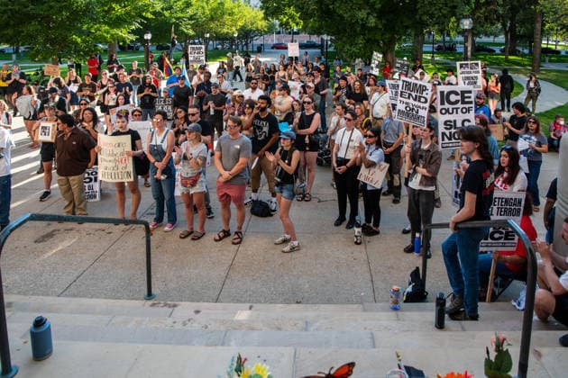 July 18, 2026, Salt Lake City, Utah, USA: A crowd gathers to listen to speakers during an ICE OUT protest at Washington Square Park in Salt Lake City, Utah, on Saturday, July 18, 2026. Protesters and community members organized the rally to speak out against immigration policy following the recent fatal encounters involving Lorenzo Salgado Araujo, Joan Sebastian Guerrero, and federal immigration law enforcement agents. Salt Lake City USA  - ZUMAm292 20260718_znp_m292_003 Copyright: xCharlesxMcClintockxWilsonx