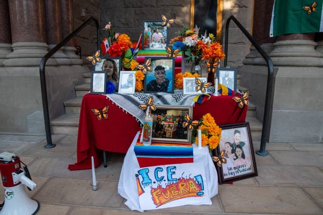 July 18, 2026, Salt Lake City, Utah, USA: A temporary altar displaying flowers, artwork, and framed photographs of various victims of law enforcement actions is set up on the steps of the Salt Lake City and County Building at Washington Square Park during an ICE OUT protest in Salt Lake City, Utah, on Saturday, July 18, 2026. Community members organized the demonstration to challenge current immigration policy following the recent fatal shootings of Lorenzo Salgado Araujo and Joan Sebastian Guerrero by federal immigration law enforcement agents. Salt Lake City USA  - ZUMAm292 20260718_znp_m292_010 Copyright: xCharlesxMcClintockxWilsonx