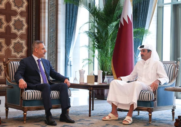 Turkish Foreign Minister Hakan Fidan in Qatar DOHA, QATAR- JULY 19: (----EDITORIAL USE ONLY MANDATORY CREDIT - TURKISH FOREIGN MINISTRY HANDOUT - NO MARKETING NO ADVERTISING CAMPAIGNS - DISTRIBUTED AS A SERVICE TO CLIENTS----) Turkish Foreign Minister Hakan Fidan (L) meets with Qatar s Emir Sheikh Tamim bin Hamad Al Thani (R) during his official visit to Doha, Qatar, on July 19, 2026. Turkish Foreign Ministry Anadolu Doha Qatar. Editorial use only. Please get in touch for any other usage.  Copyright: x2026xAnadoluxTurkishxForeignxMinistryx