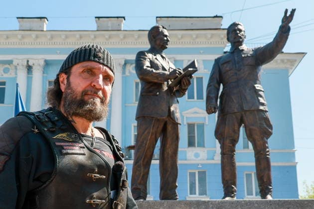 RUSSIA, VOLOGDA REGION - JULY 19, 2026: Alexander Khirurg Zaldostanov, President of the Night Wolves Motorcycle Club, attends a ceremony to unveil a monument to Soviet leader Joseph Stalin (1878-1953) and metallurgist Ivan Bardin (1883-1960) amid improvements to a garden square at the intersection of Victory Avenue, Metallurgov and Stalevarov Streets in Cherepovets, west of Vologda. Vladimir Smirnov TASS  95210900