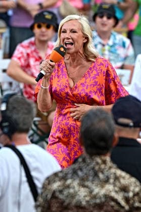 ZDF - Fernsehgarten. Fernsehmoderatorin Andrea Kiwi Kiewel während der ZDF - Unterhaltungsshow Fernsehgarten am 19.07.2026 in Mainz. 20260719MWI134732 *** ZDF Fernsehgarten TV host Andrea Kiwi Kiewel during the ZDF entertainment show Fernsehgarten on July 19, 2026, in Mainz 20260719MWI134732