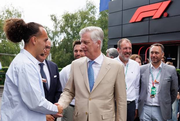 Belgium s Red Devils soccer player Arthur Theate, Vice-president of the Societe Spa Grand Prix Georges-Louis Bouchez, King Philippe - Filip of Belgium, Chairman of Spa Grand Prix Melchior Wathelet and Belgian Foreign Minister Maxime Prevot pictured during a royal visit to the Grand Prix F1 of Belgium race, in Spa-Francorchamps, Sunday 19 July 2026. The Spa-Francorchamps Formula One Grand Prix takes place this weekend, from July 17th to July 19th.  BENOITxDOPPAGNE 181486747