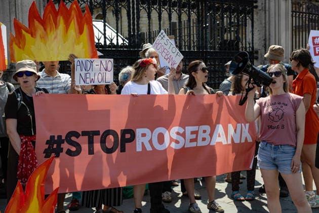 Fossil Free London Protest against Rosebank Oil Field outside Parliament, London, UK 18 July 2026 Campaigners from Fossil Free London demonstrate outside Parliament, London, UK, on 18 July 2026, with placards and banners calling on incoming Prime Minister Andy Burnham not to approve the Rosebank oil field or new North Sea drilling. The protest follows the UK s third heatwave in as many months, during which official statistics recorded over 2,700 heat-related deaths across England and Wales., Credit:Pete Speller Avalon  Copyright: xPetexSpellerx xAvalonx 1117383330