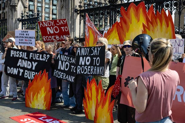 Fossil Free London Protest against Rosebank Oil Field outside Parliament, London, UK 18 July 2026 Campaigners from Fossil Free London demonstrate outside Parliament, London, UK, on 18 July 2026, with placards and banners calling on incoming Prime Minister Andy Burnham not to approve the Rosebank oil field or new North Sea drilling. The protest follows the UK s third heatwave in as many months, during which official statistics recorded over 2,700 heat-related deaths across England and Wales., Credit:Pete Speller Avalon  Copyright: xPetexSpellerx xAvalonx 1117383341