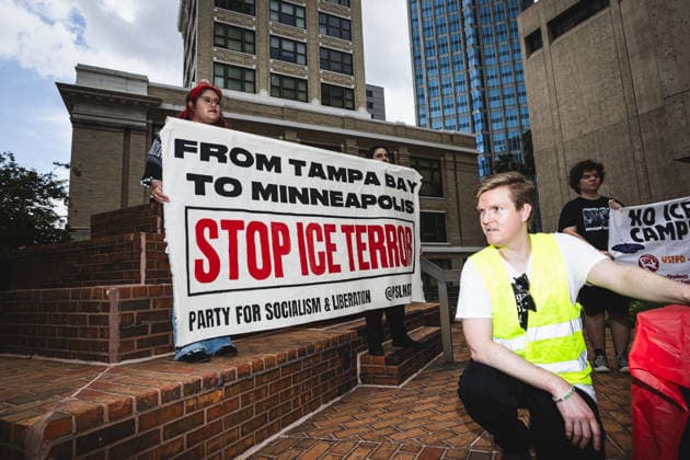 July 19, 2026, Tampa, Florida, USA: Following the recent killings of two people, LORENZO SALGADO ARAUJO in Houston, Texas and JOHAN SEBASTIAN DURAN GUERRERO in Biddeford, Maine members of the Tampa Immigrant Rights Committee staged an emergency protest to show solidarity with all those affected. Tampa USA  - ZUMAd256 20260719_znp_d256_001 Copyright: xDavexDeckerx