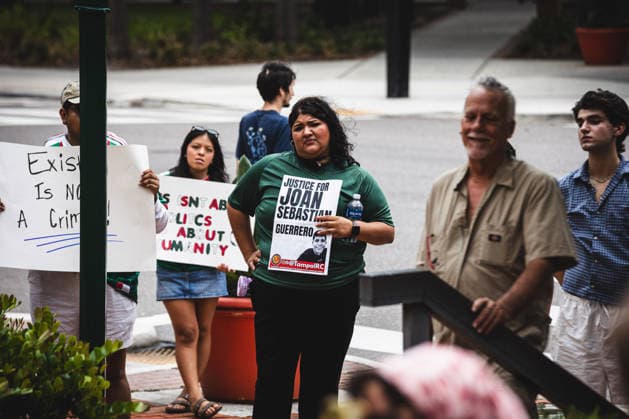 July 19, 2026, Tampa, Florida, USA: Following the recent killings of two people, LORENZO SALGADO ARAUJO in Houston, Texas and JOHAN SEBASTIAN DURAN GUERRERO in Biddeford, Maine members of the Tampa Immigrant Rights Committee staged an emergency protest to show solidarity with all those affected. Tampa USA  - ZUMAd256 20260719_znp_d256_005 Copyright: xDavexDeckerx