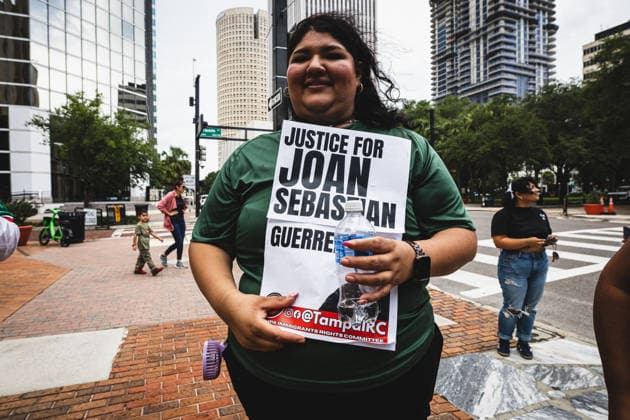 July 19, 2026, Tampa, Florida, USA: Following the recent killings of two people, LORENZO SALGADO ARAUJO in Houston, Texas and JOHAN SEBASTIAN DURAN GUERRERO in Biddeford, Maine members of the Tampa Immigrant Rights Committee staged an emergency protest to show solidarity with all those affected. Tampa USA - ZUMAd256 20260719_znp_d256_004 Copyright: xDavexDeckerx