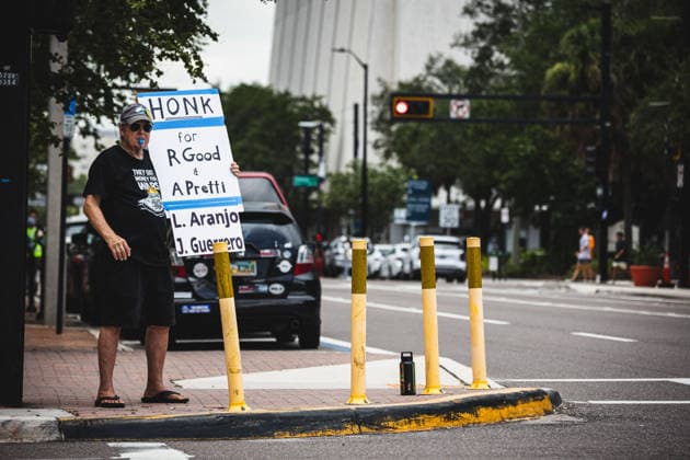 July 19, 2026, Tampa, Florida, USA: Following the recent killings of two people, LORENZO SALGADO ARAUJO in Houston, Texas and JOHAN SEBASTIAN DURAN GUERRERO in Biddeford, Maine members of the Tampa Immigrant Rights Committee staged an emergency protest to show solidarity with all those affected. Tampa USA  - ZUMAd256 20260719_znp_d256_007 Copyright: xDavexDeckerx