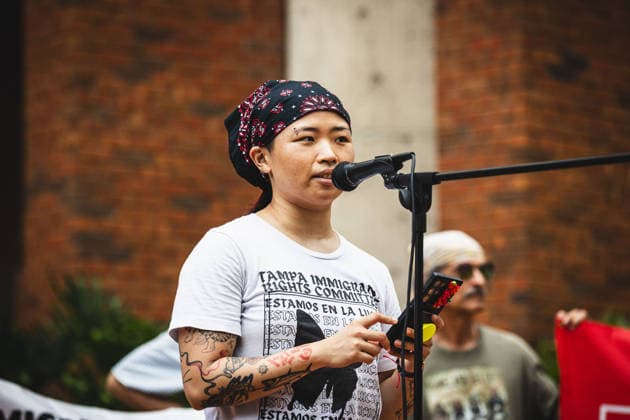 July 19, 2026, Tampa, Florida, USA: Following the recent killings of two people, LORENZO SALGADO ARAUJO in Houston, Texas and JOHAN SEBASTIAN DURAN GUERRERO in Biddeford, Maine members of the Tampa Immigrant Rights Committee staged an emergency protest to show solidarity with all those affected. Tampa USA  - ZUMAd256 20260719_znp_d256_010 Copyright: xDavexDeckerx