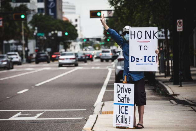 July 19, 2026, Tampa, Florida, USA: Following the recent killings of two people, LORENZO SALGADO ARAUJO in Houston, Texas and JOHAN SEBASTIAN DURAN GUERRERO in Biddeford, Maine members of the Tampa Immigrant Rights Committee staged an emergency protest to show solidarity with all those affected. Tampa USA  - ZUMAd256 20260719_znp_d256_011 Copyright: xDavexDeckerx