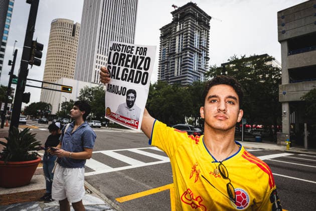 July 19, 2026, Tampa, Florida, USA: Following the recent killings of two people, LORENZO SALGADO ARAUJO in Houston, Texas and JOHAN SEBASTIAN DURAN GUERRERO in Biddeford, Maine members of the Tampa Immigrant Rights Committee staged an emergency protest to show solidarity with all those affected. Tampa USA - ZUMAd256 20260719_znp_d256_008 Copyright: xDavexDeckerx