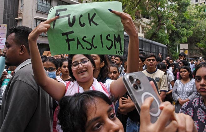 _Cockroach Janata Party (CJP) supporters protest in Mumbai, India - 19 Jul 2026 (EDITORS NOTE: Image contains profanity) A protestor holds a placard with words Fuck Fascism during a demonstration in support of Sonam Wangchuk demanding resignation of Indian Education Minister Dharmendra Pradhan. Climate activist and education reformer Sonam Wangchuk went on a indefinite hunger strike at Delhi s Jantar Mantar to protest against the Indian government and demand the resignation of Indian Education Minister Dharmendra Pradhan following massive exam irregularities and paper leaks in medical entrance exams. Mumbai India Copyright: xAshishxVaishnavx xSOPAxImagesx AVaishnav_Cockroach Janata Party (CJP) supporters protest in Mumbai (11)