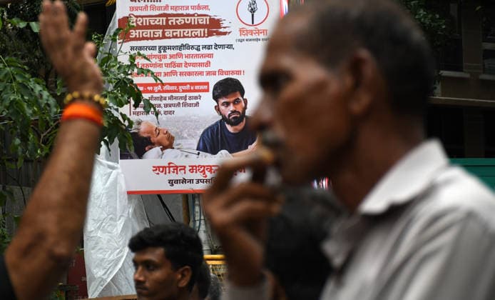 _Cockroach Janata Party (CJP) supporters protest in Mumbai, India - 19 Jul 2026 A poster of Cockroach Janata Party (CJP) founder Abhijeet Dipke (R) along with climate activist and education reformer Sonam Wangchuk (L) is seen during a demonstration. Climate activist and education reformer Sonam Wangchuk went on a indefinite hunger strike at Delhi s Jantar Mantar to protest against the Indian government and demand the resignation of Indian Education Minister Dharmendra Pradhan following massive exam irregularities and paper leaks in medical entrance exams. Mumbai India Copyright: xAshishxVaishnavx xSOPAxImagesx AVaishnav_Cockroach Janata Party (CJP) supporters protest in Mumbai (6)