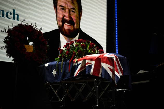 DERRYN HINCH STATE FUNERAL, The stage and coffin of Derryn Hinch during a State Funeral Service for Derryn Hinch at the Timber Yard, Melbourne, Monday, July 20, 2026. . Outspoken media figure and former senator Derryn Hinch has died at the age of 82 after a long and public health battle. ( NO ARCHIVING MELBOURNE VICTORIA AUSTRALIA  Copyright: xCHRISTOPHERxHOPKINSx 20260720191213996957